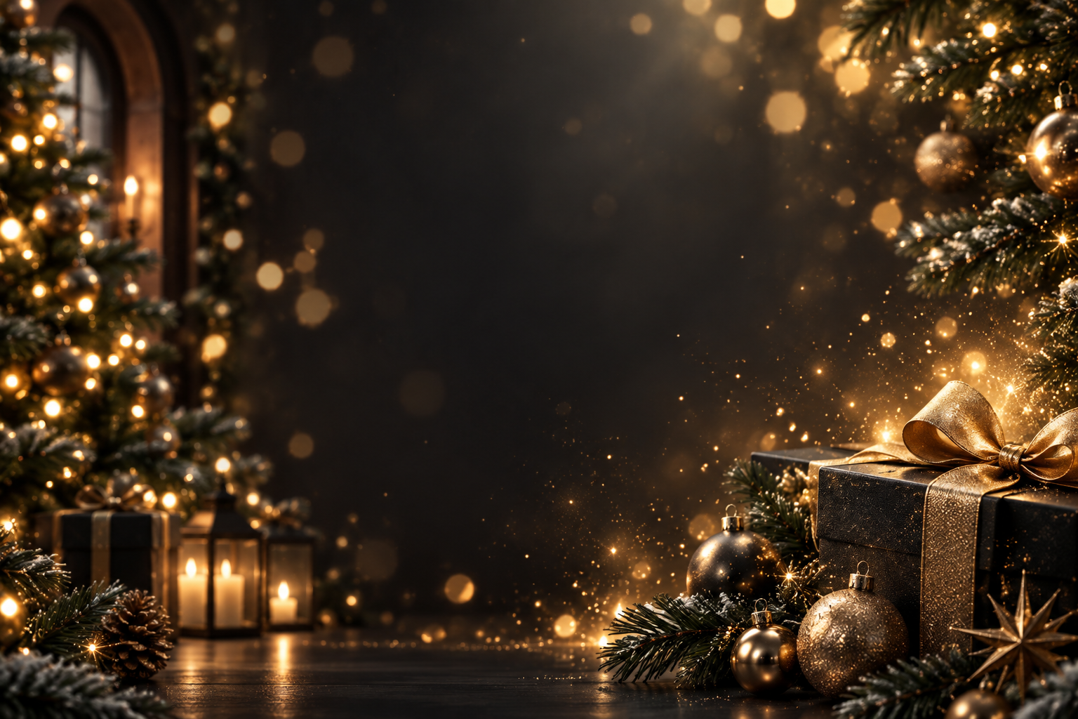 Schwarze Geschenkboxen mit goldenen Schleifen und warmen Weihnachtslichtern